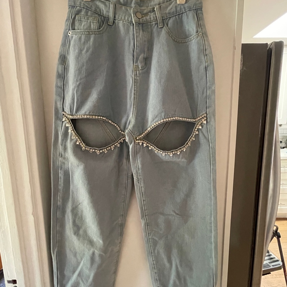 Vintage Blue Straight Leg Jeans with sparkly knee rips